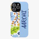 Bright blue iPhone case with floral and leaf design, "HAPPY" written on it, perfect for stylish protection.