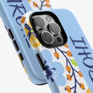 Bright blue phone case with floral and berry design for iPhone 13 Pro, stylish and protective.