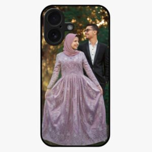 Vivid smartphone case with a customized photo of a smiling couple in elegant attire outdoors.
