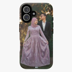 2. Custom phone case with a personalized photo of a couple in elegant attire.