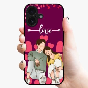 Cute couple illustration on a smartphone case with love and hearts design.