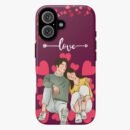 Cute couple illustrated phone case with hearts and "love" text for iPhone customization accessories.