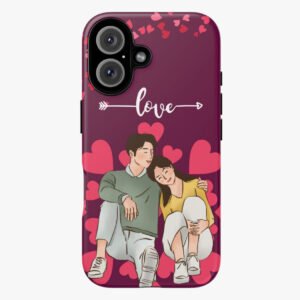 Cute couple illustrated phone case with hearts and "love" text for iPhone customization accessories.
