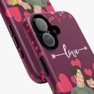Bright purple phone case with love-themed hearts and romantic illustration, perfect for gifting or personal use.