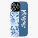 Elegant blue floral phone case with "AMAZING" text for iPhone. Perfect for stylish protection and personalization.