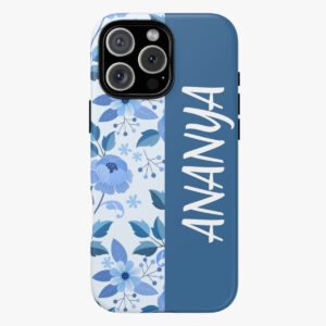 Elegant blue floral phone case with "AMAZING" text for iPhone. Perfect for stylish protection and personalization.