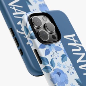 Blue floral patterned iPhone 13 case with camera cutout.