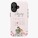 Cute couples Valentine's Day phone case with February 2025 calendar and love hearts design.