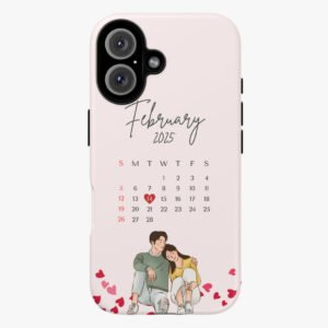 Cute couples Valentine's Day phone case with February 2025 calendar and love hearts design.
