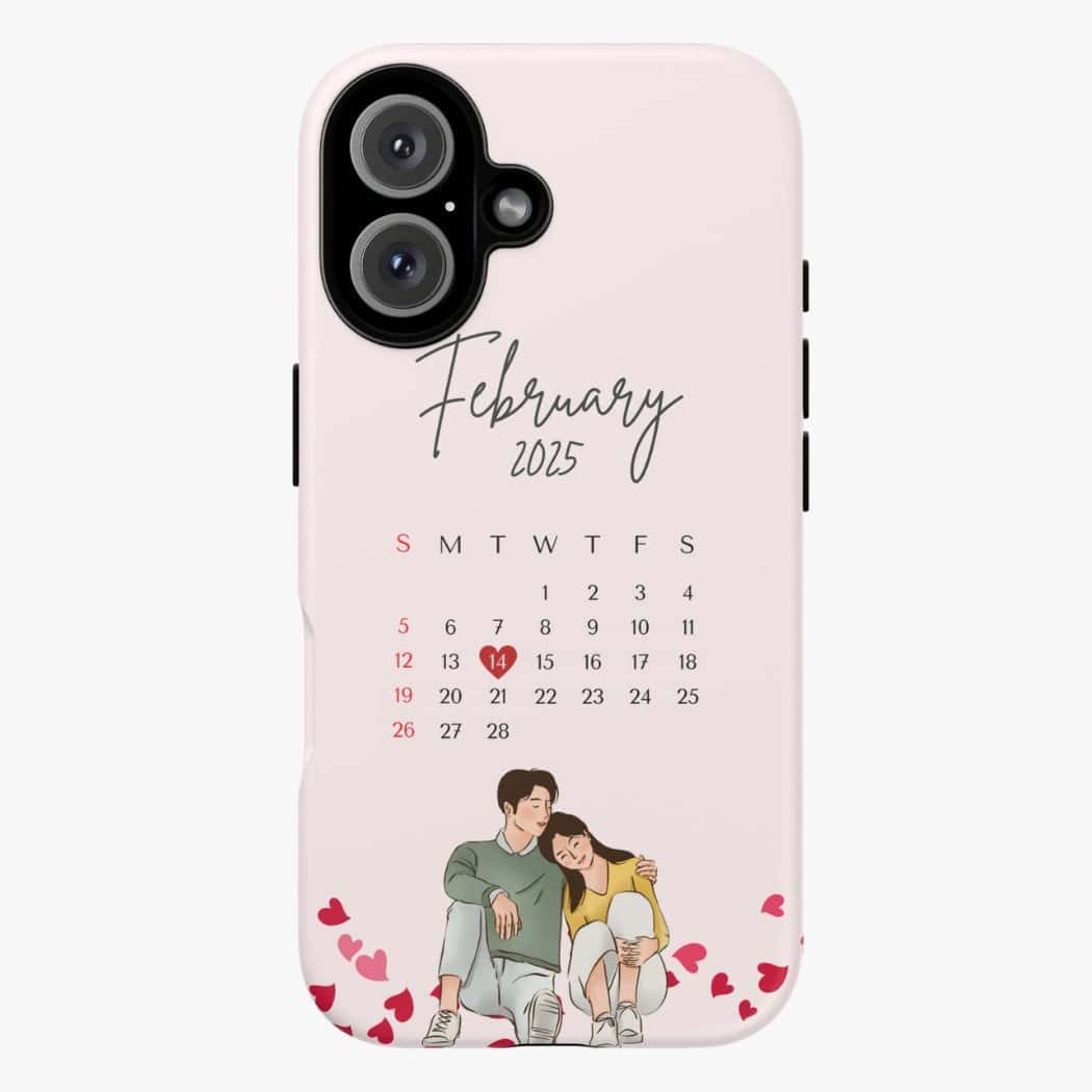 Cute couples Valentine's Day phone case with February 2025 calendar and love hearts design.