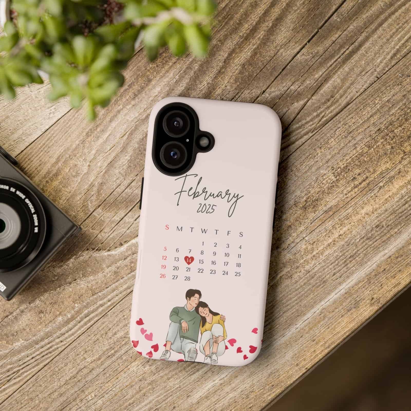 Customized February 2025 couple-themed phone case with calendar and romantic illustration for iPhone.