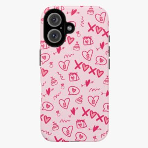 Heart-shaped lock and lips pattern pink phone case for mobile protection and style.