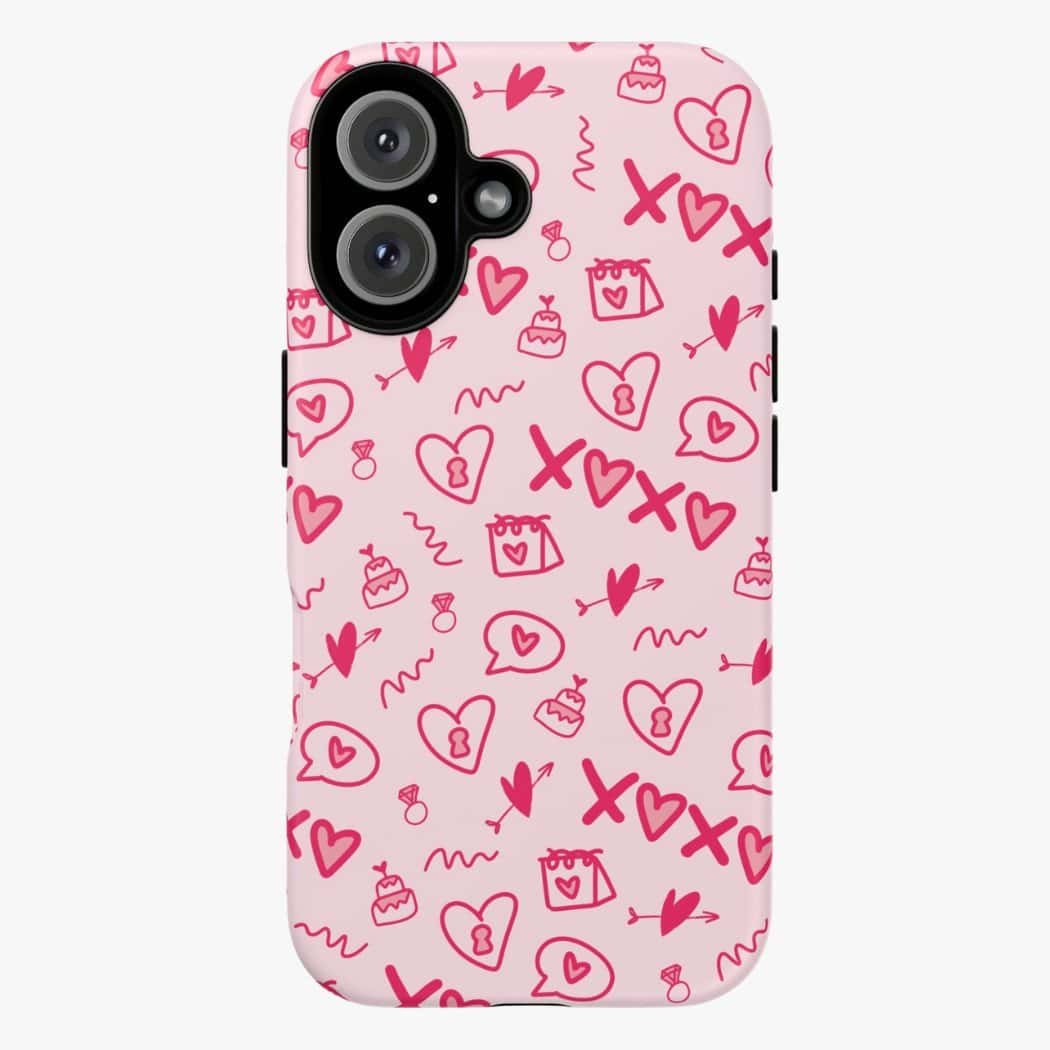 Heart-shaped lock and lips pattern pink phone case for mobile protection and style.