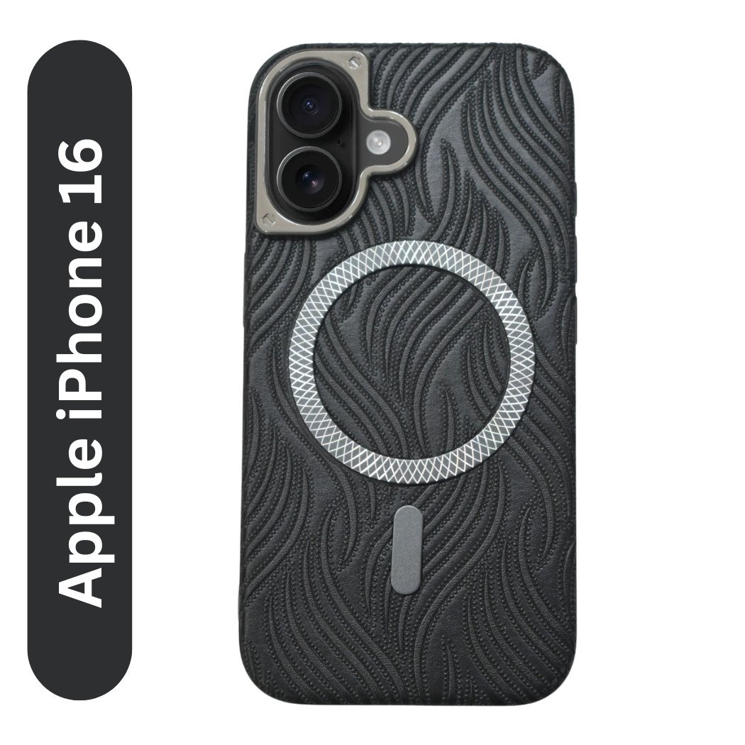 RichCase™ Elite Black Leather Texture MagSafe Case for iPhone 16 – Textured Wave Design with Magnetic Precision
