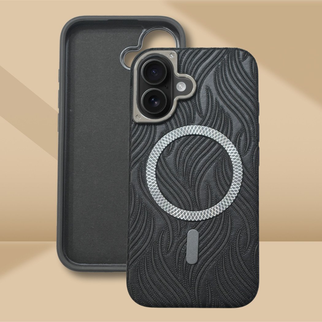 RichCase™ Elite Black Leather Texture MagSafe Case for iPhone 16 – Textured Wave Design with Magnetic Precision - Image 2