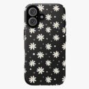 Daisy floral pattern phone case for iPhone with black background.