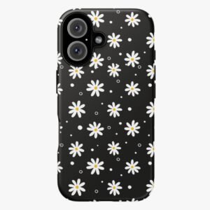 Daisy floral pattern phone case for iPhone with black background.